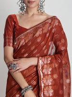 Thumbnail for Janasya Rust Linen Blend Floral Jacquard Saree