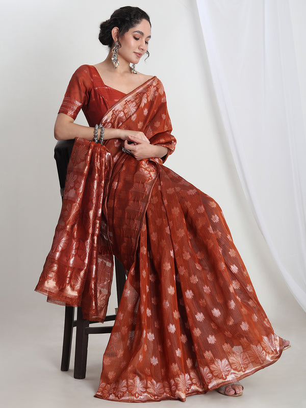 Janasya Rust Linen Blend Floral Jacquard Saree