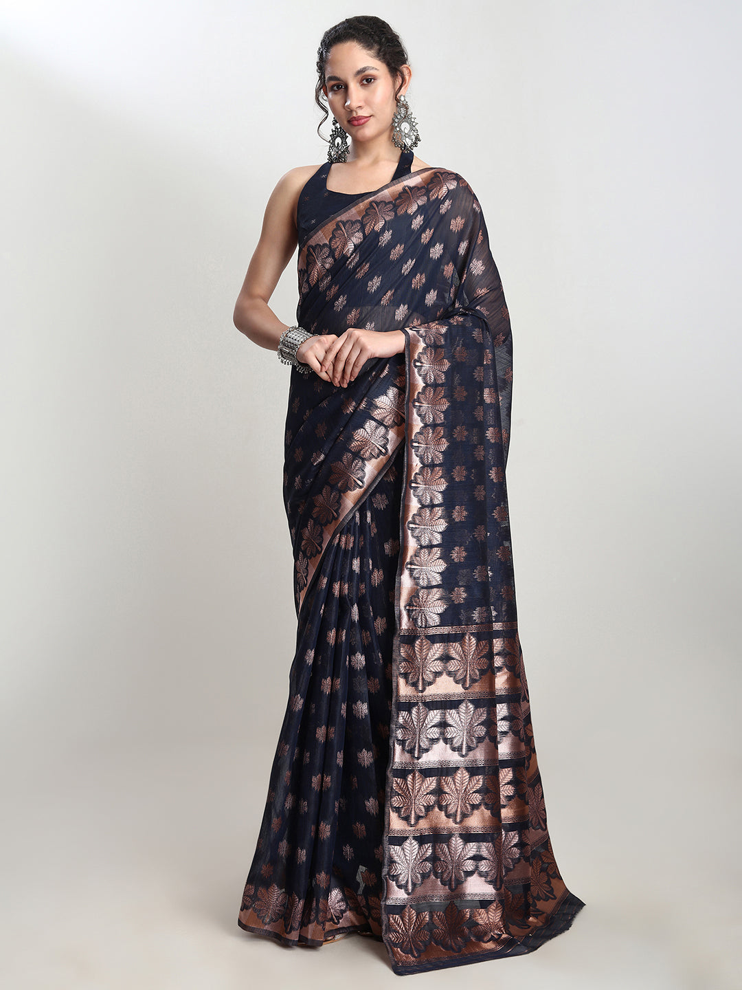 Janasya Indigo Linen Blend Floral Jacquard Saree