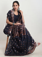 Thumbnail for Janasya Indigo Linen Blend Floral Jacquard Saree