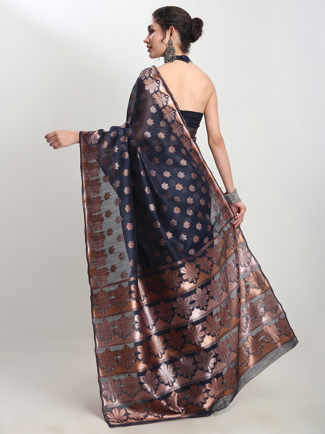 Janasya Indigo Linen Blend Floral Jacquard Saree