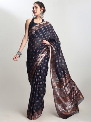 Janasya Indigo Linen Blend Floral Jacquard Saree