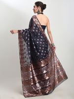 Thumbnail for Janasya Indigo Linen Blend Floral Jacquard Saree