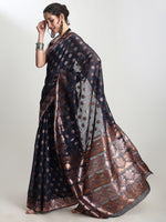 Thumbnail for Janasya Indigo Linen Blend Floral Jacquard Saree