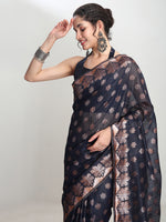 Thumbnail for Janasya Indigo Linen Blend Floral Jacquard Saree