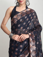 Thumbnail for Janasya Indigo Linen Blend Floral Jacquard Saree