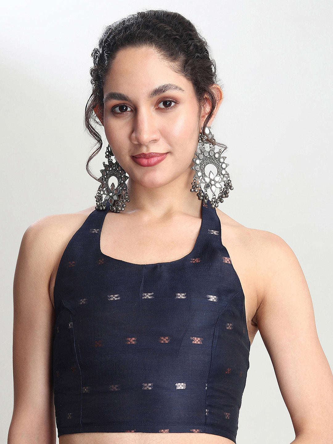Janasya Indigo Linen Blend Floral Jacquard Saree