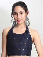 Thumbnail for Janasya Indigo Linen Blend Floral Jacquard Saree