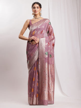 Janasya Mauve Linen Blend Floral Jacquard Saree
