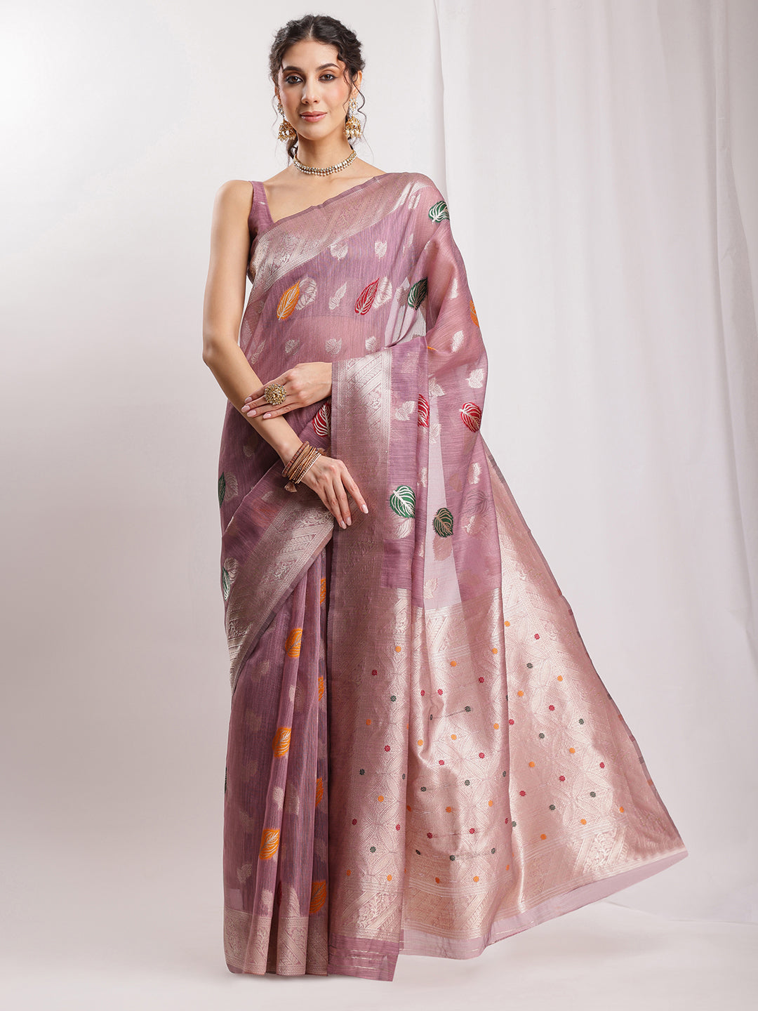 Janasya Mauve Linen Blend Floral Jacquard Saree