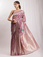 Thumbnail for Janasya Mauve Linen Blend Floral Jacquard Saree