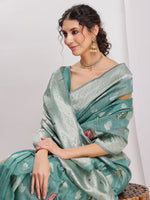 Thumbnail for Janasya Sea Green Linen Blend Floral Jacquard Saree