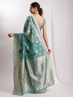 Thumbnail for Janasya Sea Green Linen Blend Floral Jacquard Saree