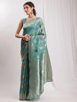 Thumbnail for Janasya Sea Green Linen Blend Floral Jacquard Saree
