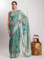 Thumbnail for Janasya Sea Green Linen Blend Floral Jacquard Saree