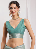 Thumbnail for Janasya Sea Green Linen Blend Floral Jacquard Saree