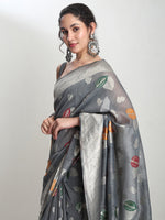Thumbnail for Janasya Grey Linen Blend Floral Jacquard Saree