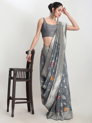 Janasya Grey Linen Blend Floral Jacquard Saree