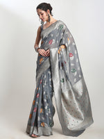 Thumbnail for Janasya Grey Linen Blend Floral Jacquard Saree