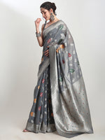 Thumbnail for Janasya Grey Linen Blend Floral Jacquard Saree