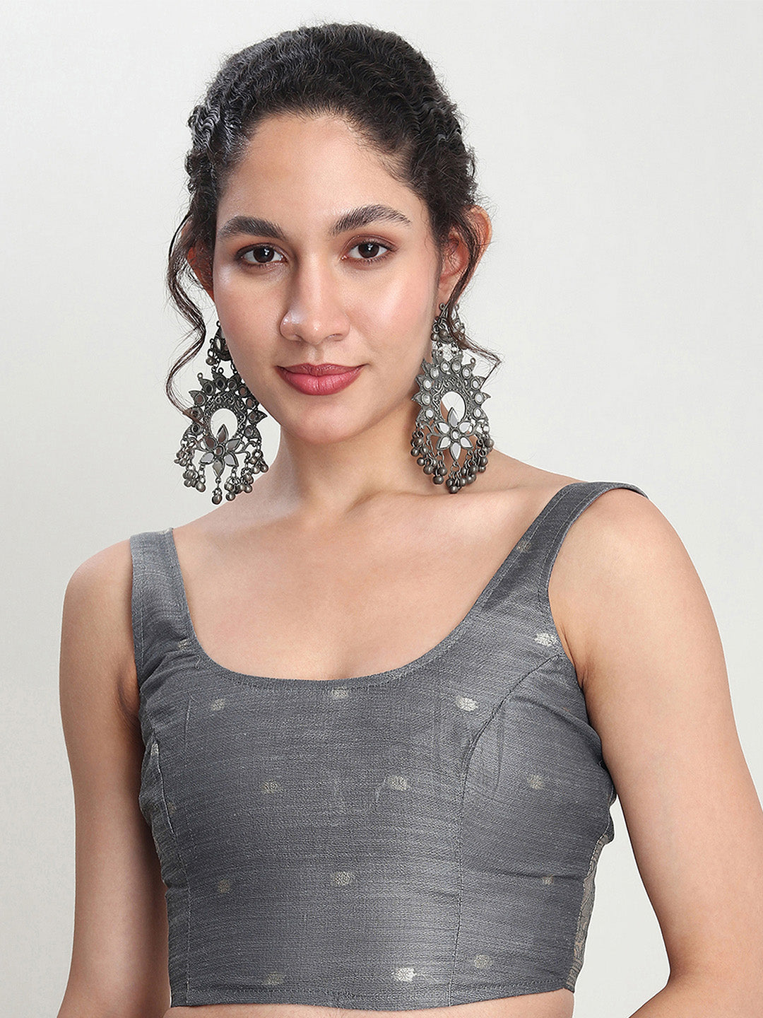 Janasya Grey Linen Blend Floral Jacquard Saree