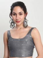 Thumbnail for Janasya Grey Linen Blend Floral Jacquard Saree