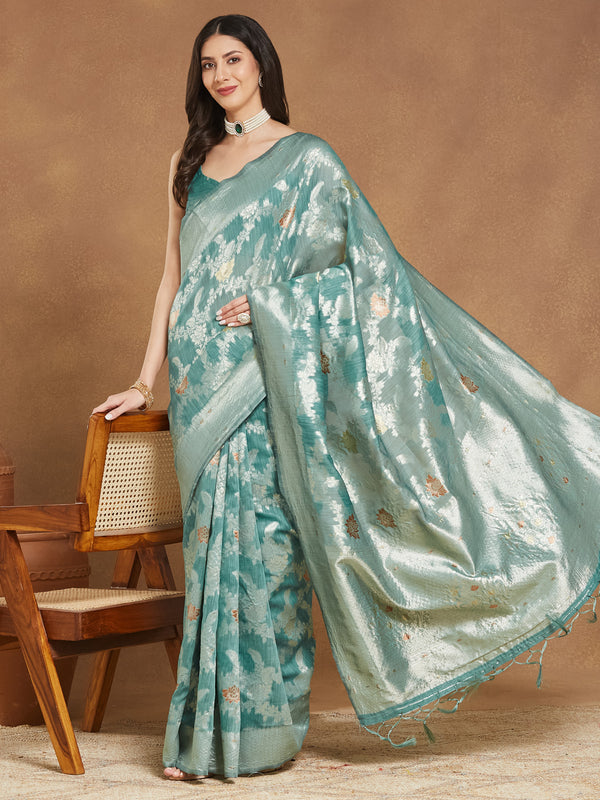 Janasya Sea Green Linen Blend Floral Jacquard Saree