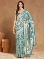 Thumbnail for Janasya Sea Green Linen Blend Floral Jacquard Saree
