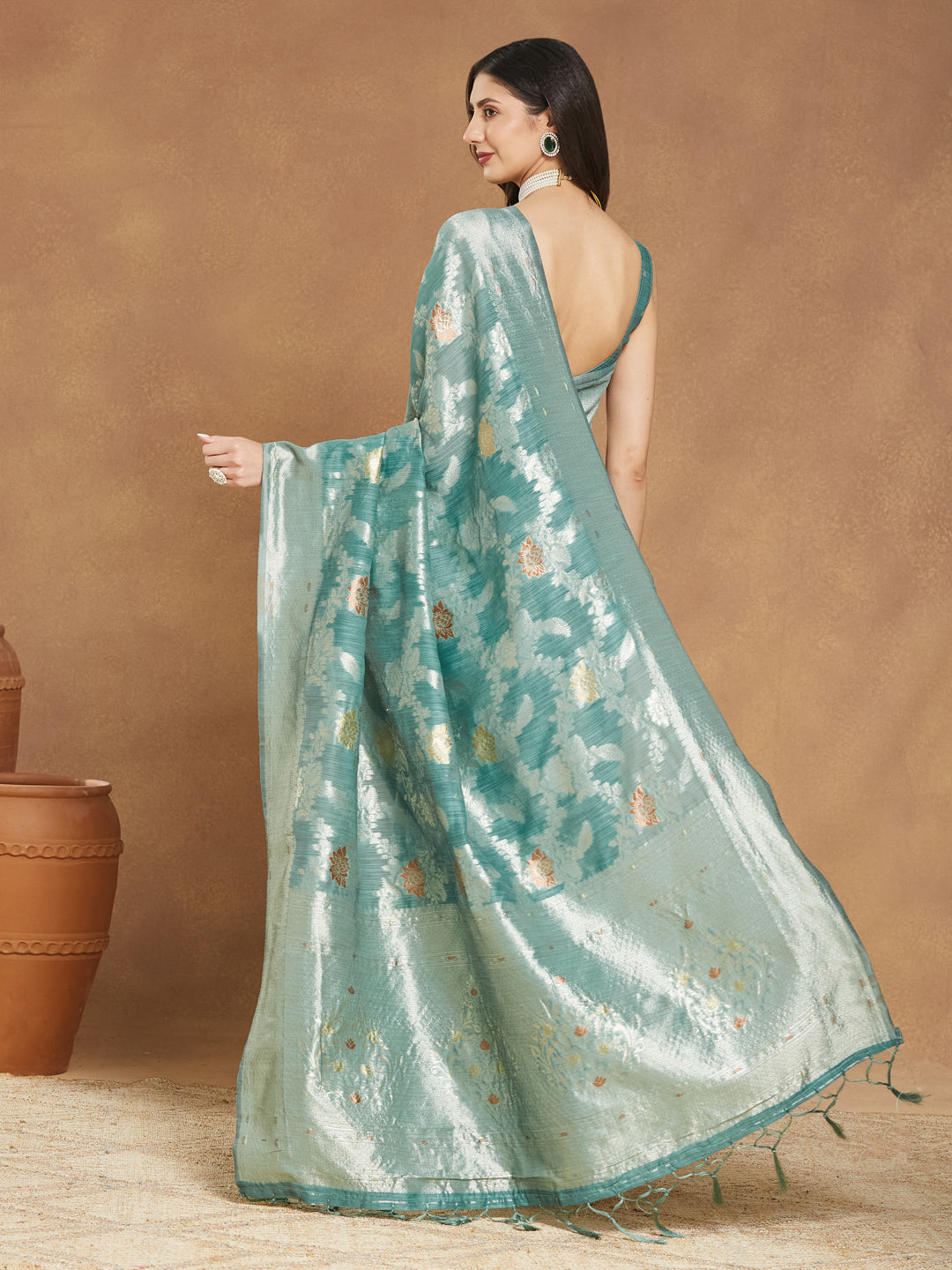 Janasya Sea Green Linen Blend Floral Jacquard Saree
