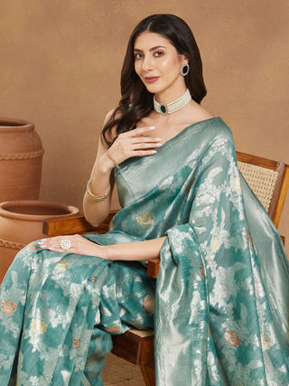 Janasya Sea Green Linen Blend Floral Jacquard Saree