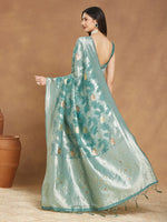 Thumbnail for Janasya Sea Green Linen Blend Floral Jacquard Saree