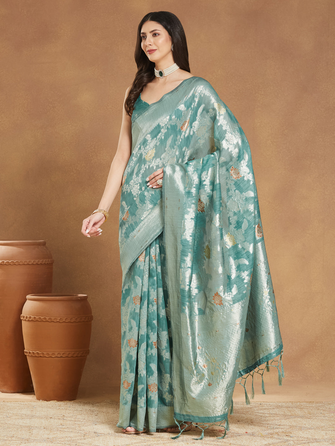 Janasya Sea Green Linen Blend Floral Jacquard Saree