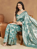 Thumbnail for Janasya Sea Green Linen Blend Floral Jacquard Saree