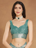 Thumbnail for Janasya Sea Green Linen Blend Floral Jacquard Saree