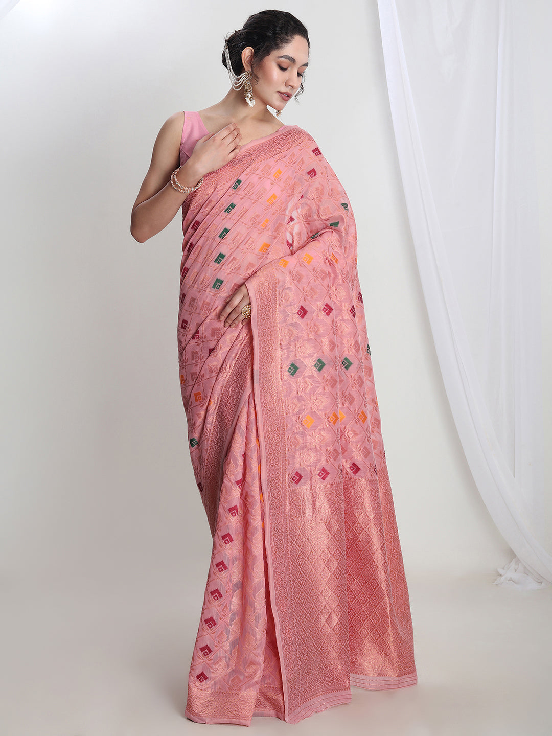 Janasya Pink Linen Blend Geometric Jacquard Saree