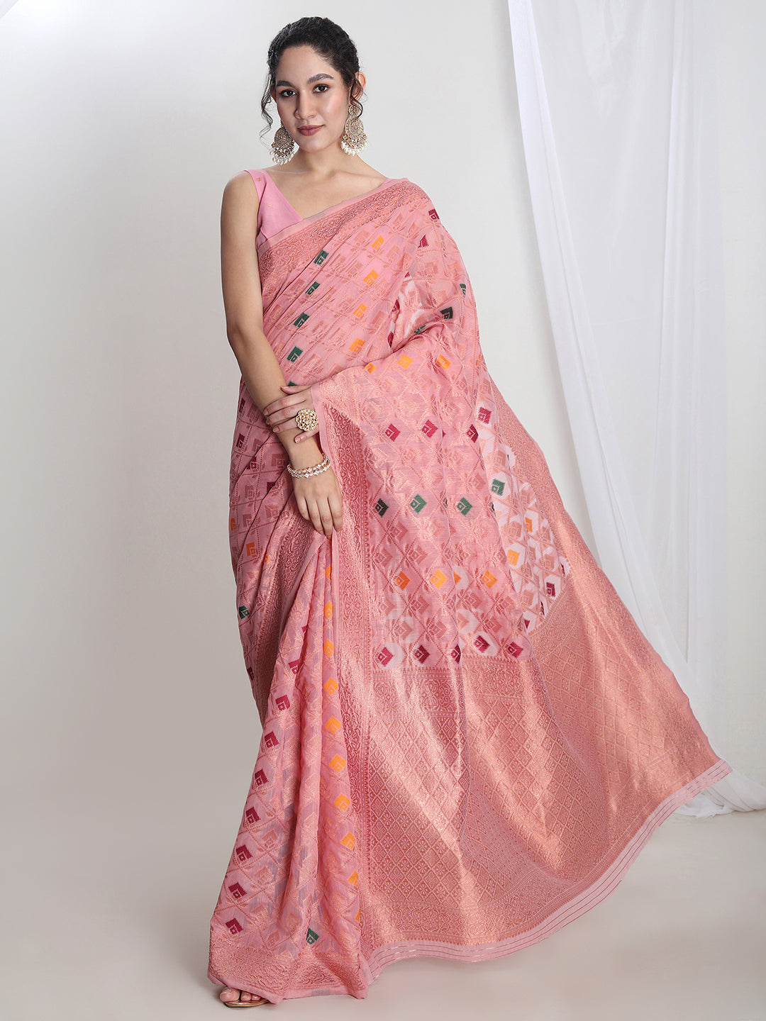 Janasya Pink Linen Blend Geometric Jacquard Saree