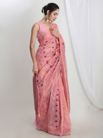 Thumbnail for Janasya Pink Linen Blend Geometric Jacquard Saree