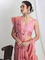 Thumbnail for Janasya Pink Linen Blend Geometric Jacquard Saree