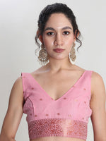 Thumbnail for Janasya Pink Linen Blend Geometric Jacquard Saree