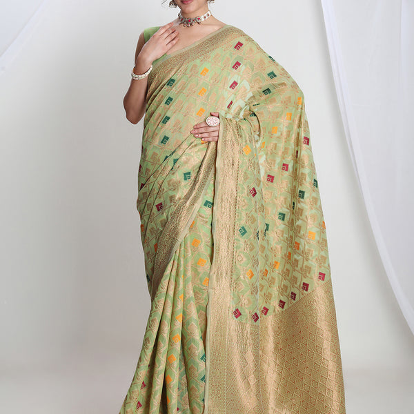 Janasya Green Linen Blend Geometric Jacquard Saree