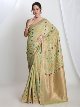 Janasya Green Linen Blend Geometric Jacquard Saree