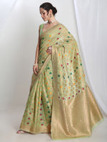 Thumbnail for Janasya Green Linen Blend Geometric Jacquard Saree