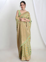 Thumbnail for Janasya Green Linen Blend Geometric Jacquard Saree