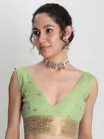 Thumbnail for Janasya Green Linen Blend Geometric Jacquard Saree