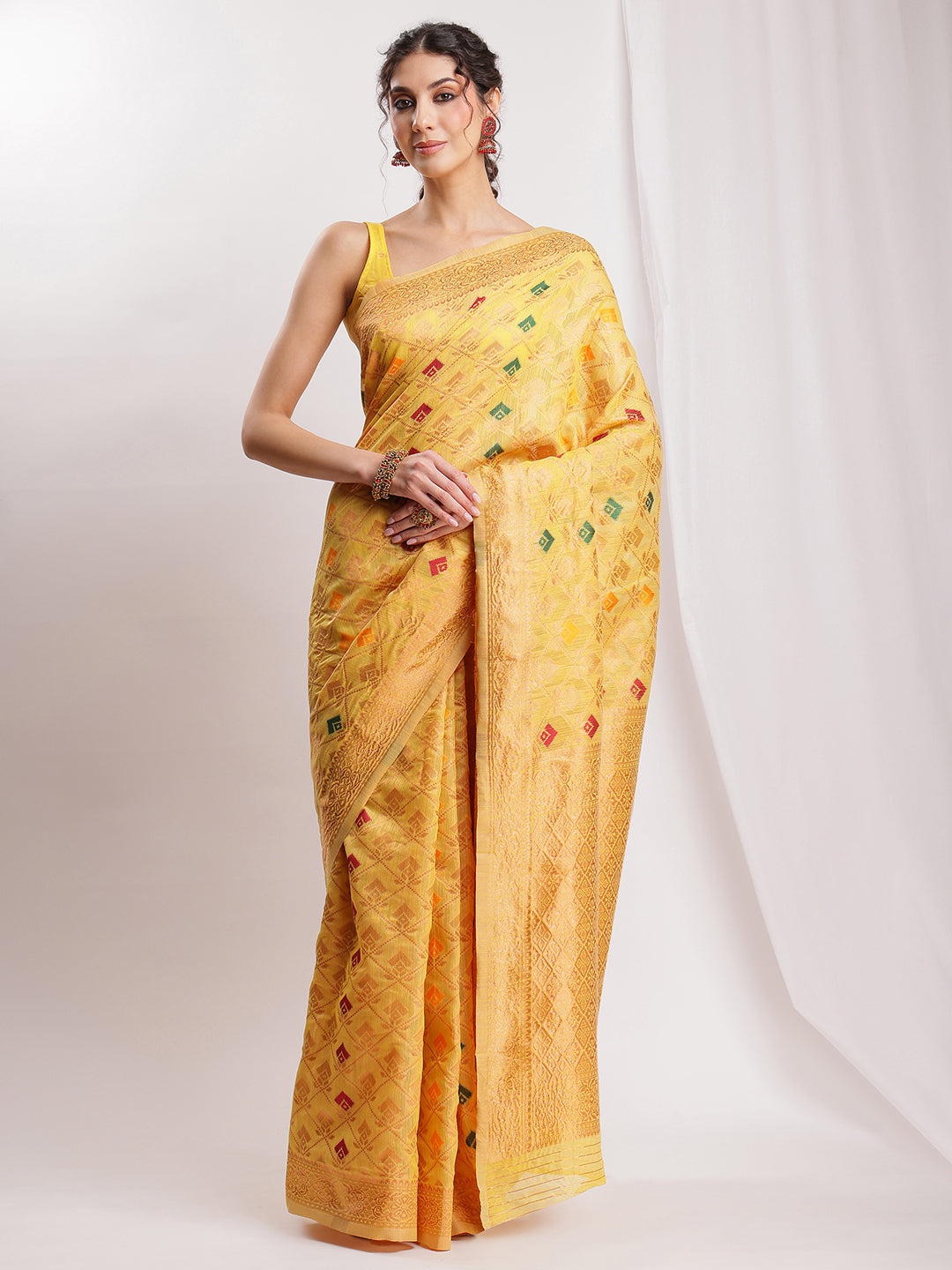 Janasya Yellow Linen Blend Geometric Jacquard Saree
