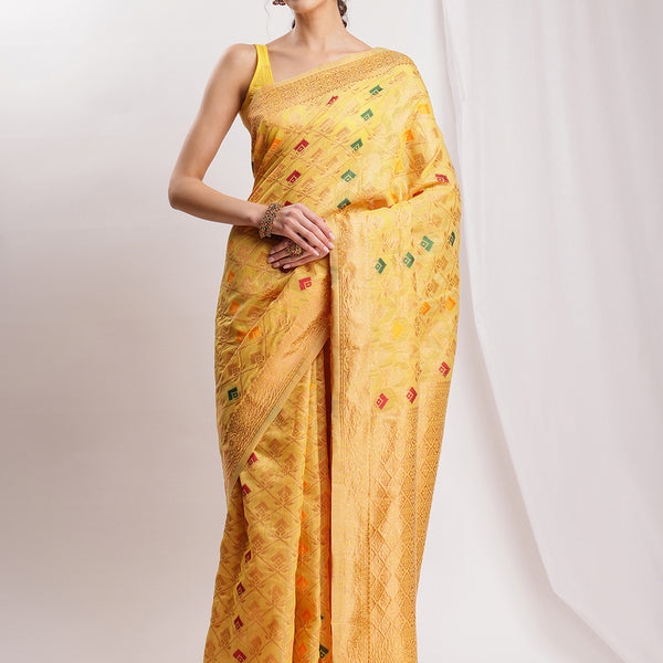 Janasya Yellow Linen Blend Geometric Jacquard Saree