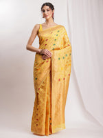 Thumbnail for Janasya Yellow Linen Blend Geometric Jacquard Saree