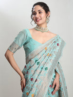 Thumbnail for Janasya Sea Green Linen Blend Geometric Jacquard Saree