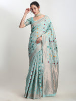 Thumbnail for Janasya Sea Green Linen Blend Geometric Jacquard Saree