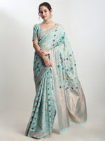 Thumbnail for Janasya Sea Green Linen Blend Geometric Jacquard Saree